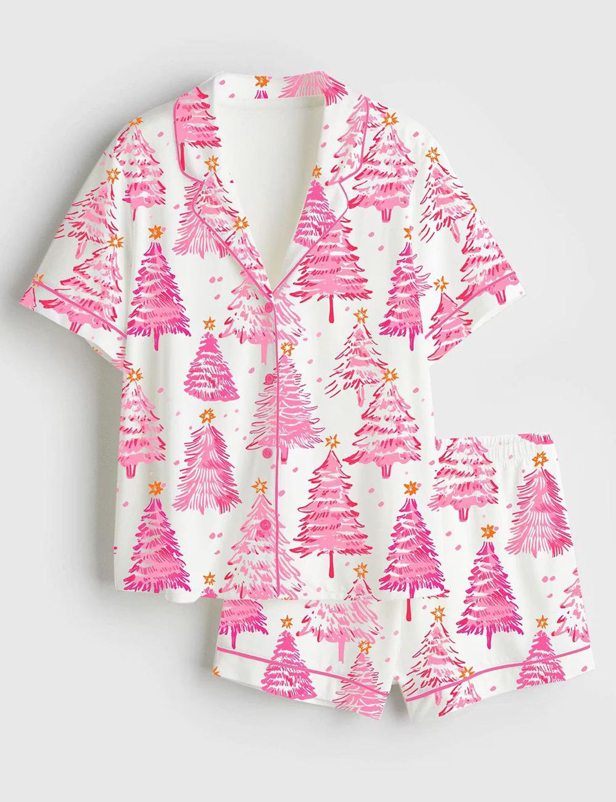 Preppy Pink Christmas Tree Satin Pajamas for Women - Festive Short Sleeve Pjs