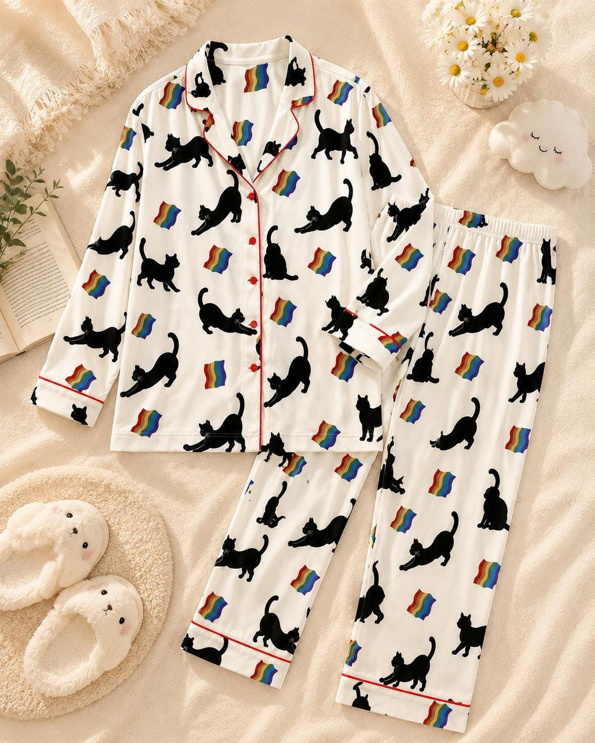 Pride Black Cat Pajama Set - Rainbow LGBTQ Sleepwear & Cute Queer Gift for Cat Lovers