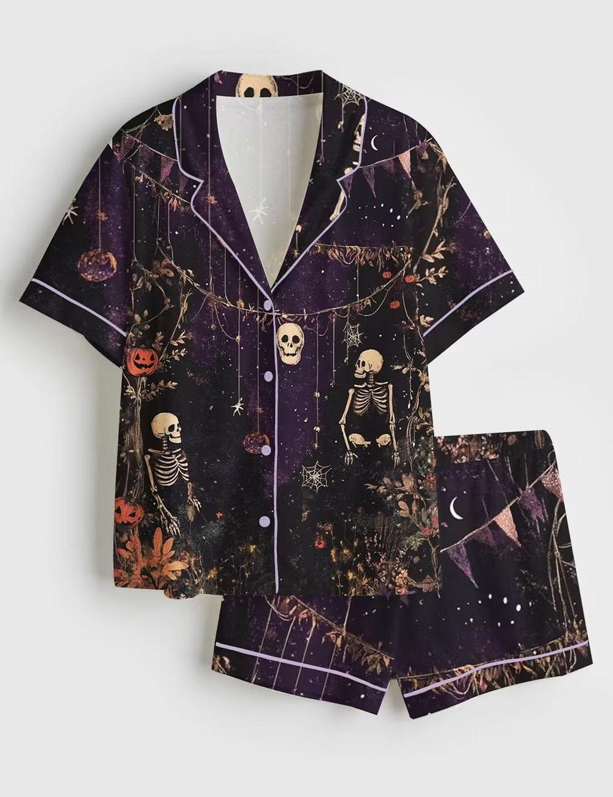 Pumpkin Skeleton Horror Satin Pajama Set for Women - Halloween Short Sleeve Sleepwear
