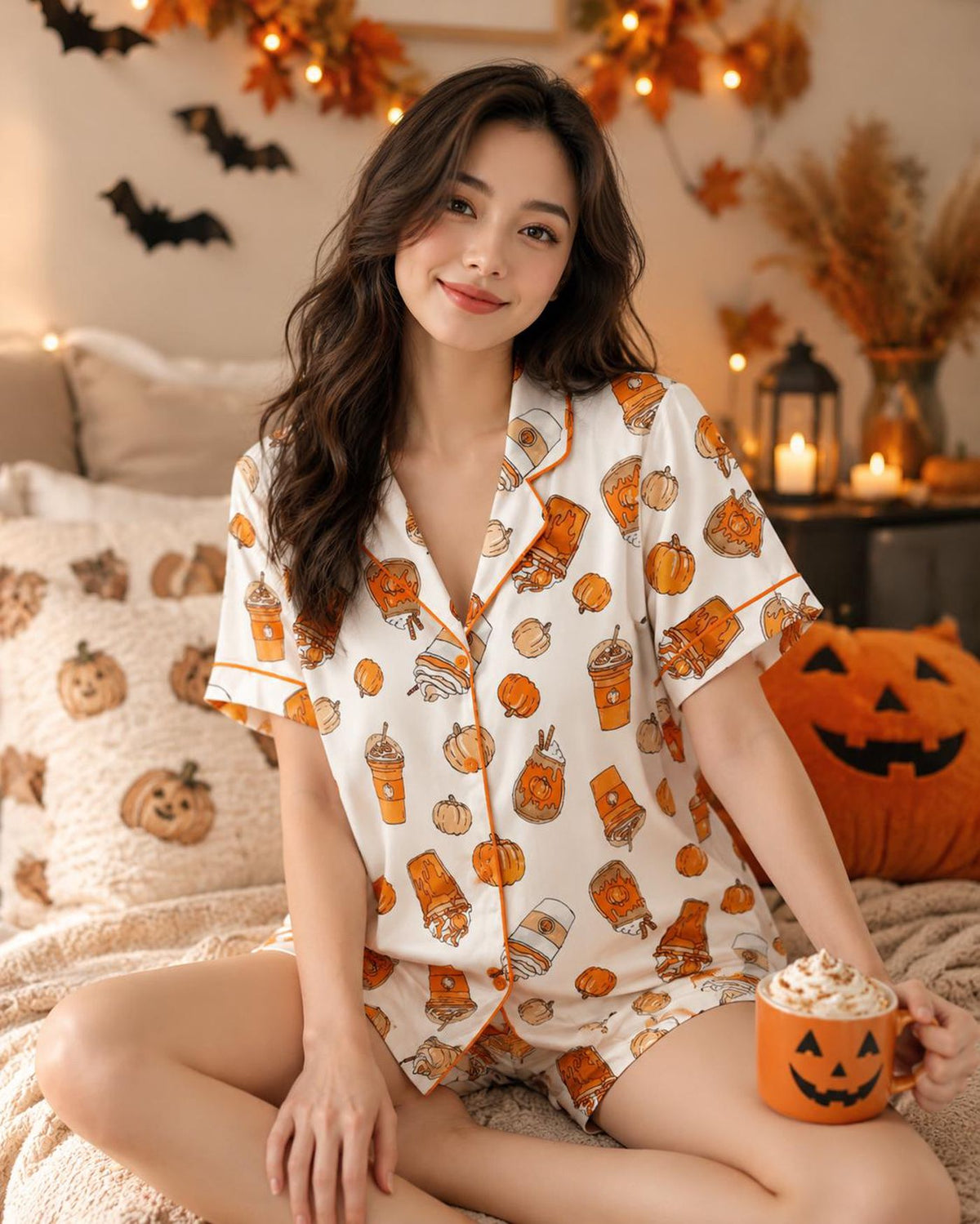 Pumpkin Spice Satin Pajama Set: Halloween & Fall Sleepwear for Cozy Autumn Nights