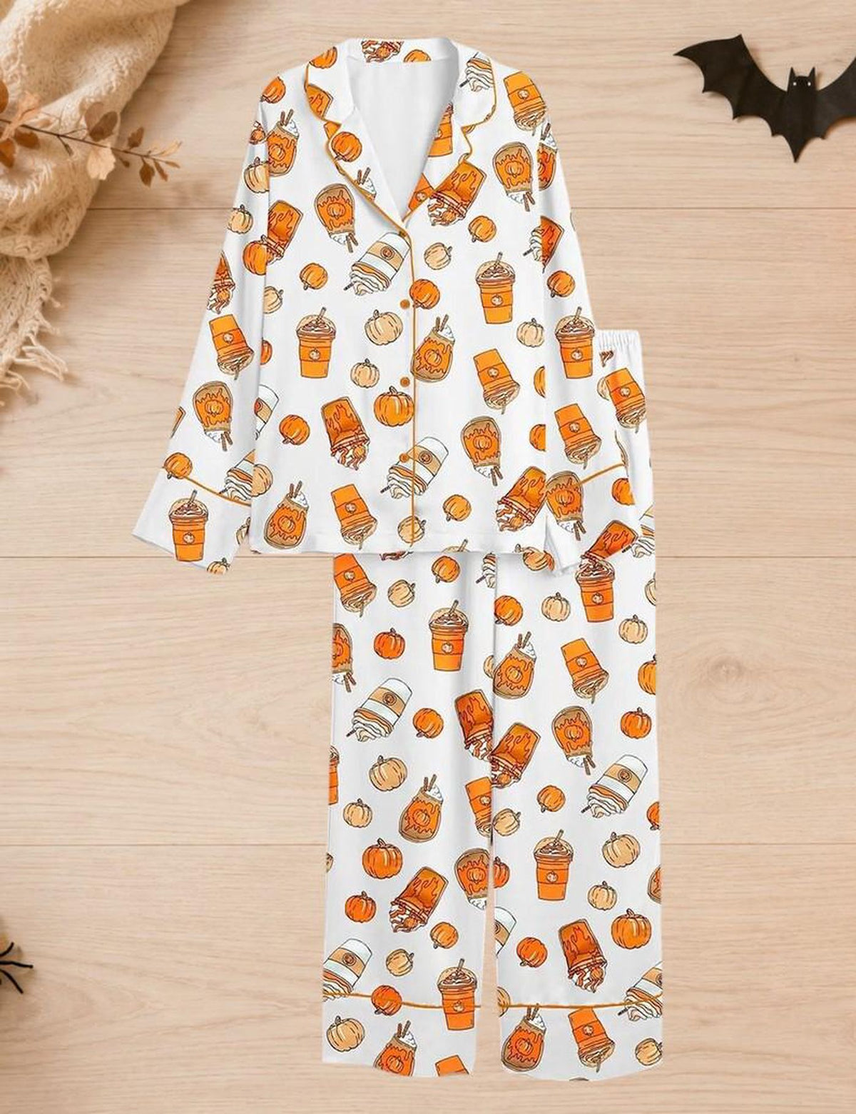 Pumpkin Spice Satin Pajama Set: Halloween Sleepwear & Cozy Fall Loungewear Gift