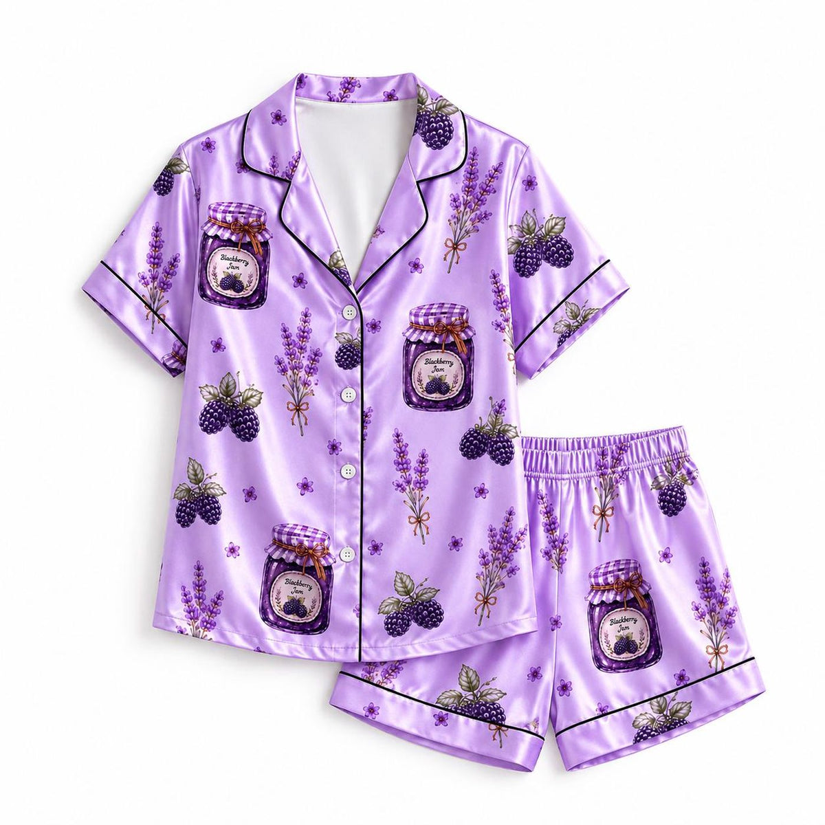 Cozy Purple Berry Satin Pajama Set with Lavender Flowers - Botanical Pattern Sleepwear