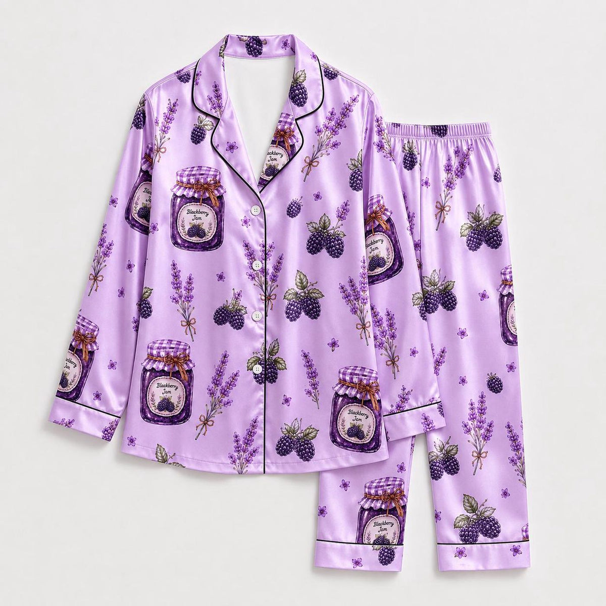 Cozy Purple Berry Satin Pajama Set with Lavender Flowers - Botanical Pattern Sleepwear