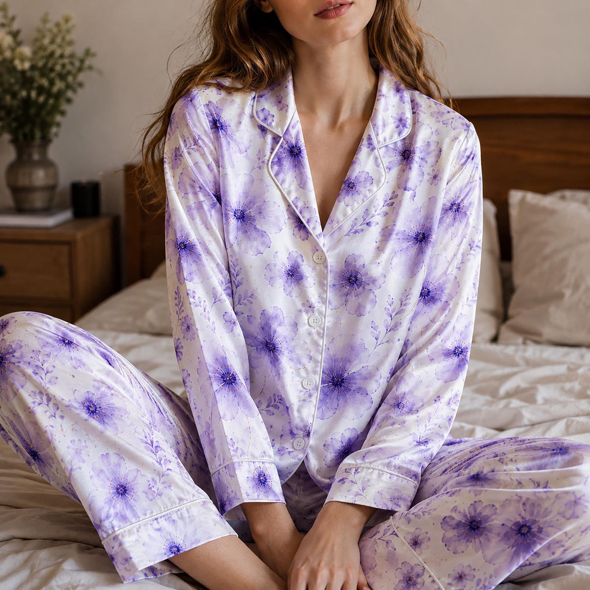 Purple Blossom Poly Pajama Apparel: Elegant Floral Graphic Sleepwear & Lounge Collection
