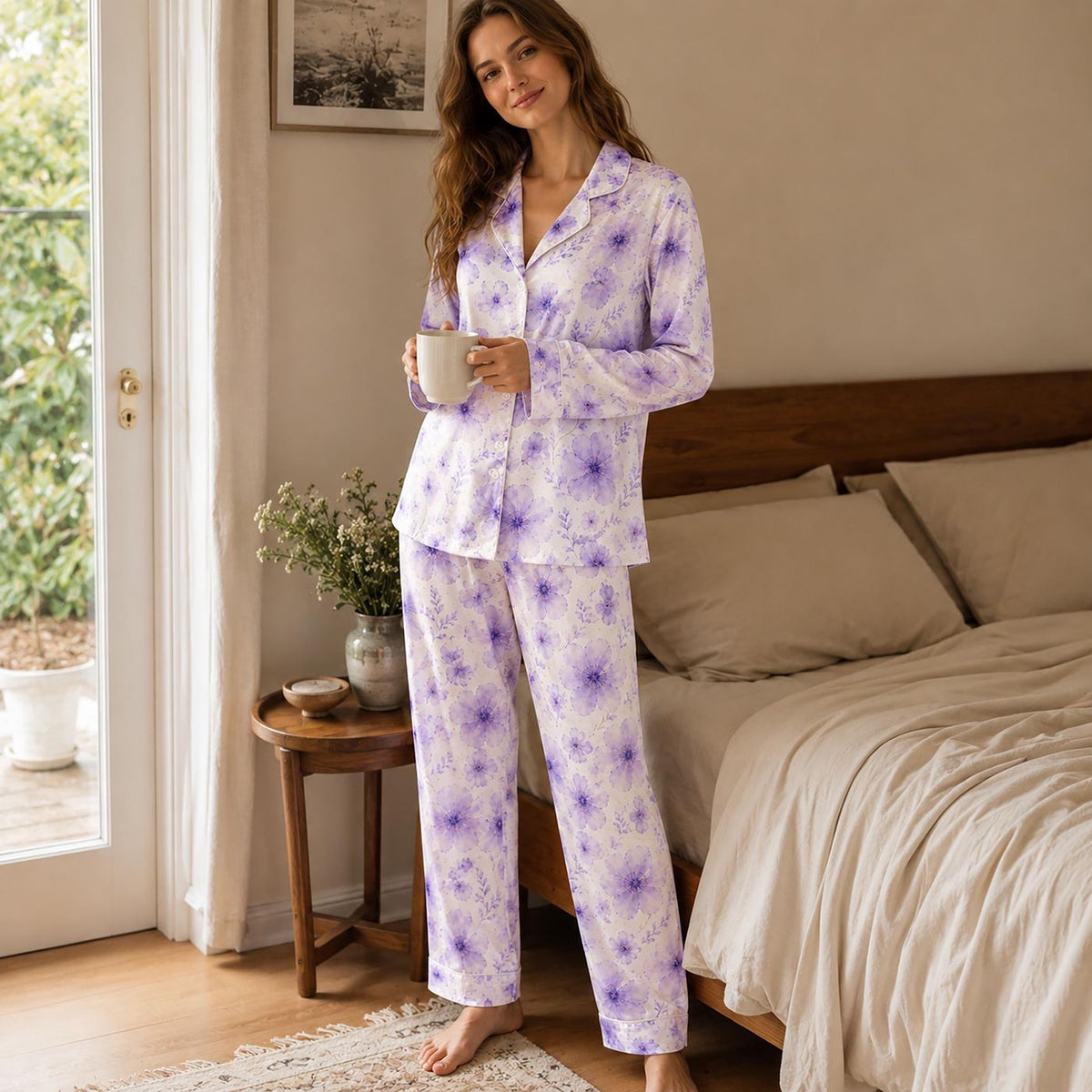 Purple Blossom Poly Pajama Apparel: Elegant Floral Graphic Sleepwear & Lounge Collection