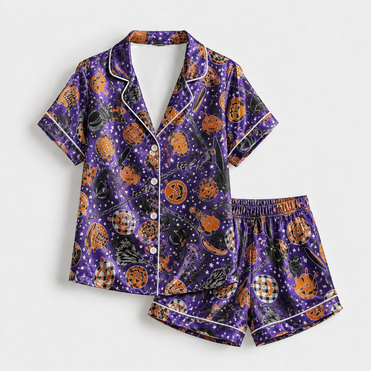 Spooky Purple Celestial Halloween Satin Pajama Set with Pumpkin Moon Stars - Mystical Pattern
