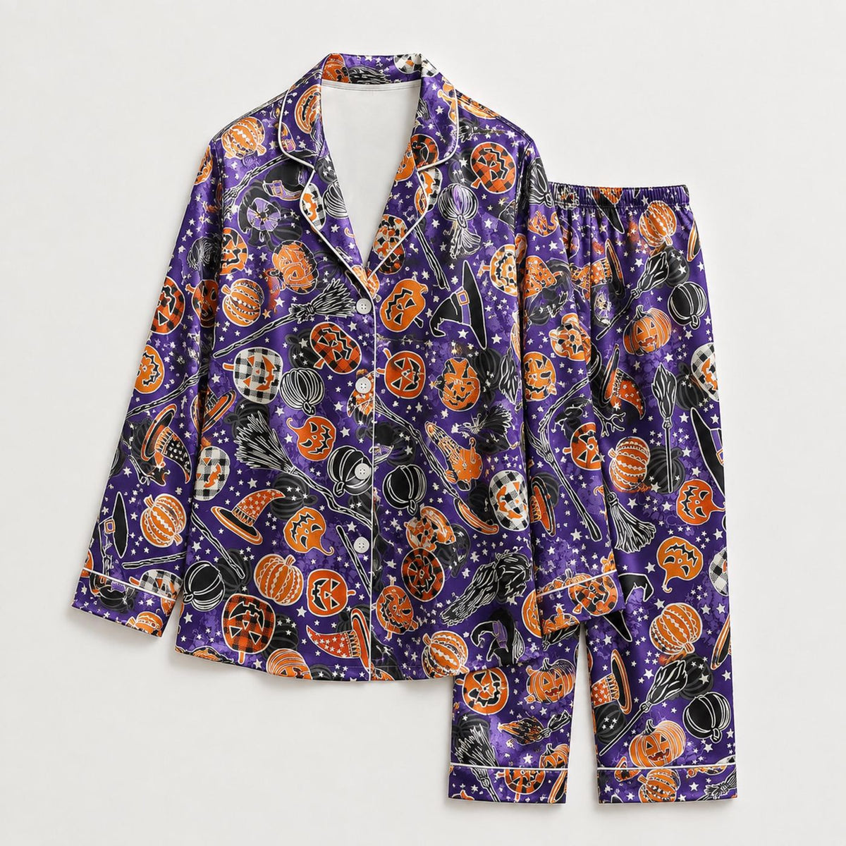 Spooky Purple Celestial Halloween Satin Pajama Set with Pumpkin Moon Stars - Mystical Pattern