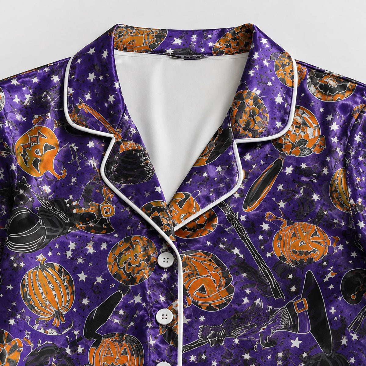 Spooky Purple Celestial Halloween Satin Pajama Set with Pumpkin Moon Stars - Mystical Pattern