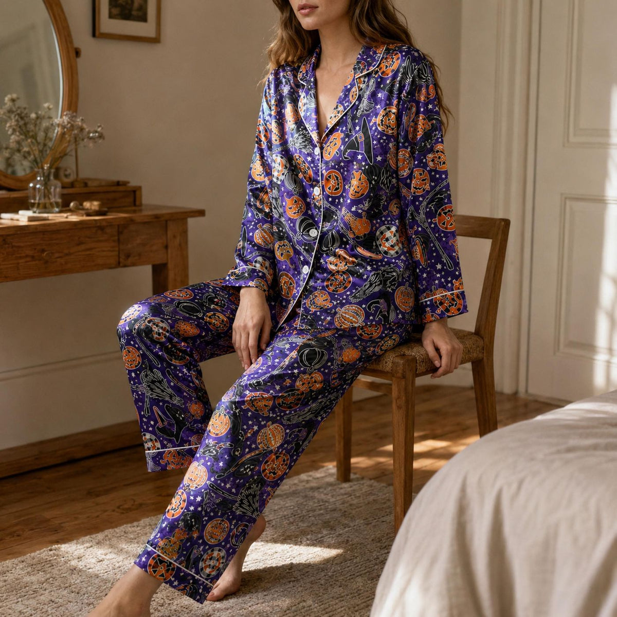 Spooky Purple Celestial Halloween Satin Pajama Set with Pumpkin Moon Stars - Mystical Pattern