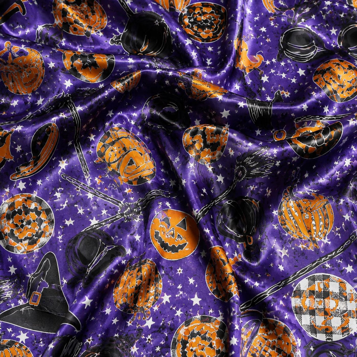 Spooky Purple Celestial Halloween Satin Pajama Set with Pumpkin Moon Stars - Mystical Pattern