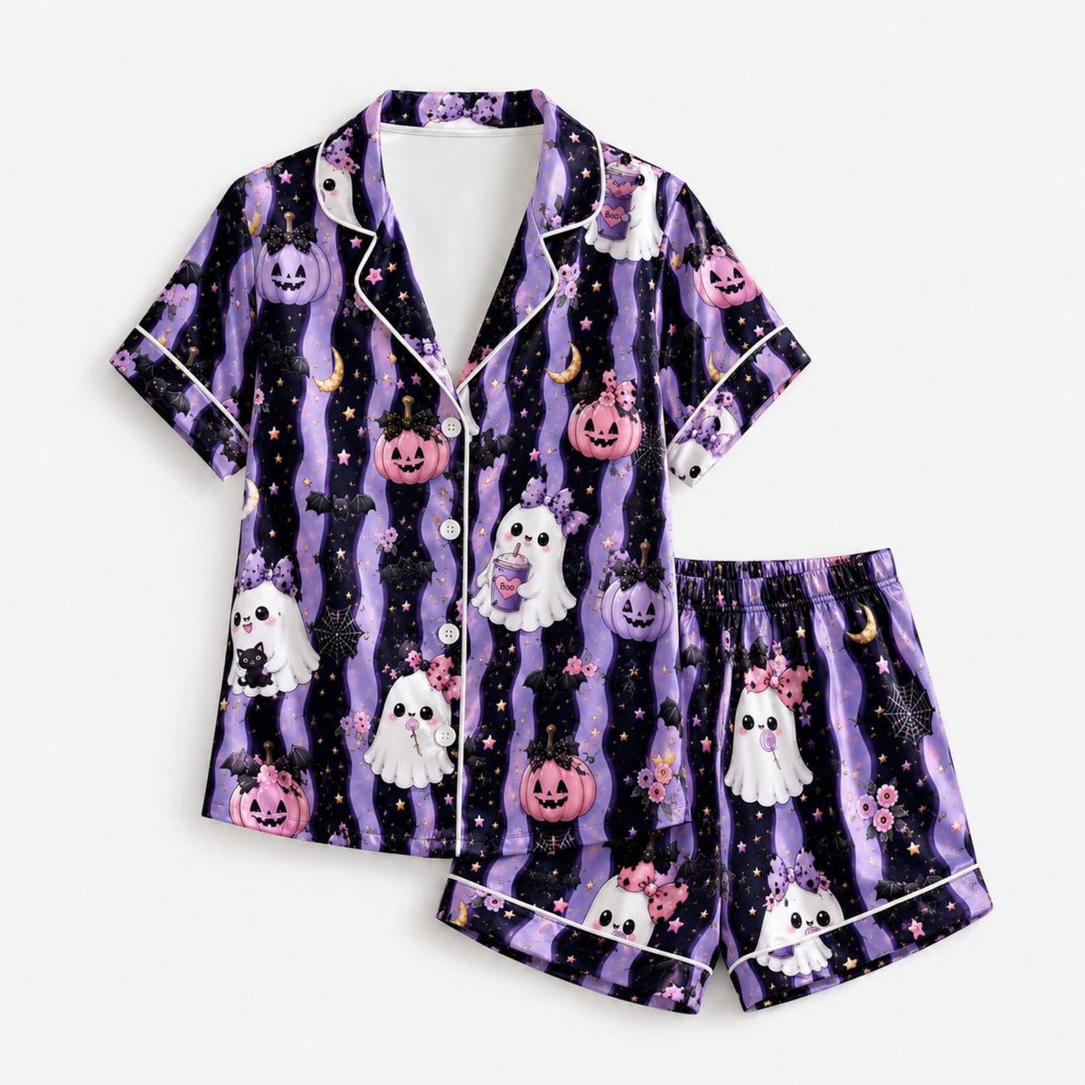Cozy Purple Halloween Satin Pajama Set with Spooky Ghost Pumpkin Moon Pattern