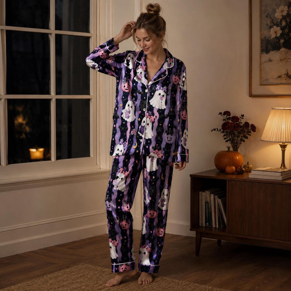 Cozy Purple Halloween Satin Pajama Set with Spooky Ghost Pumpkin Moon Pattern