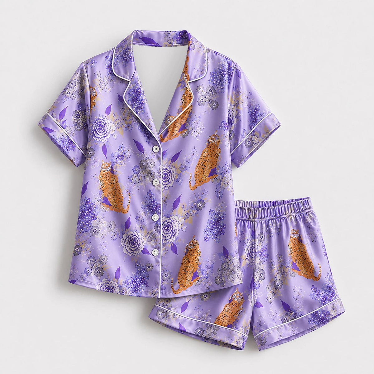 Stylish Purple Satin Tiger Pajama Set - Floral Botanical Loungewear Collection