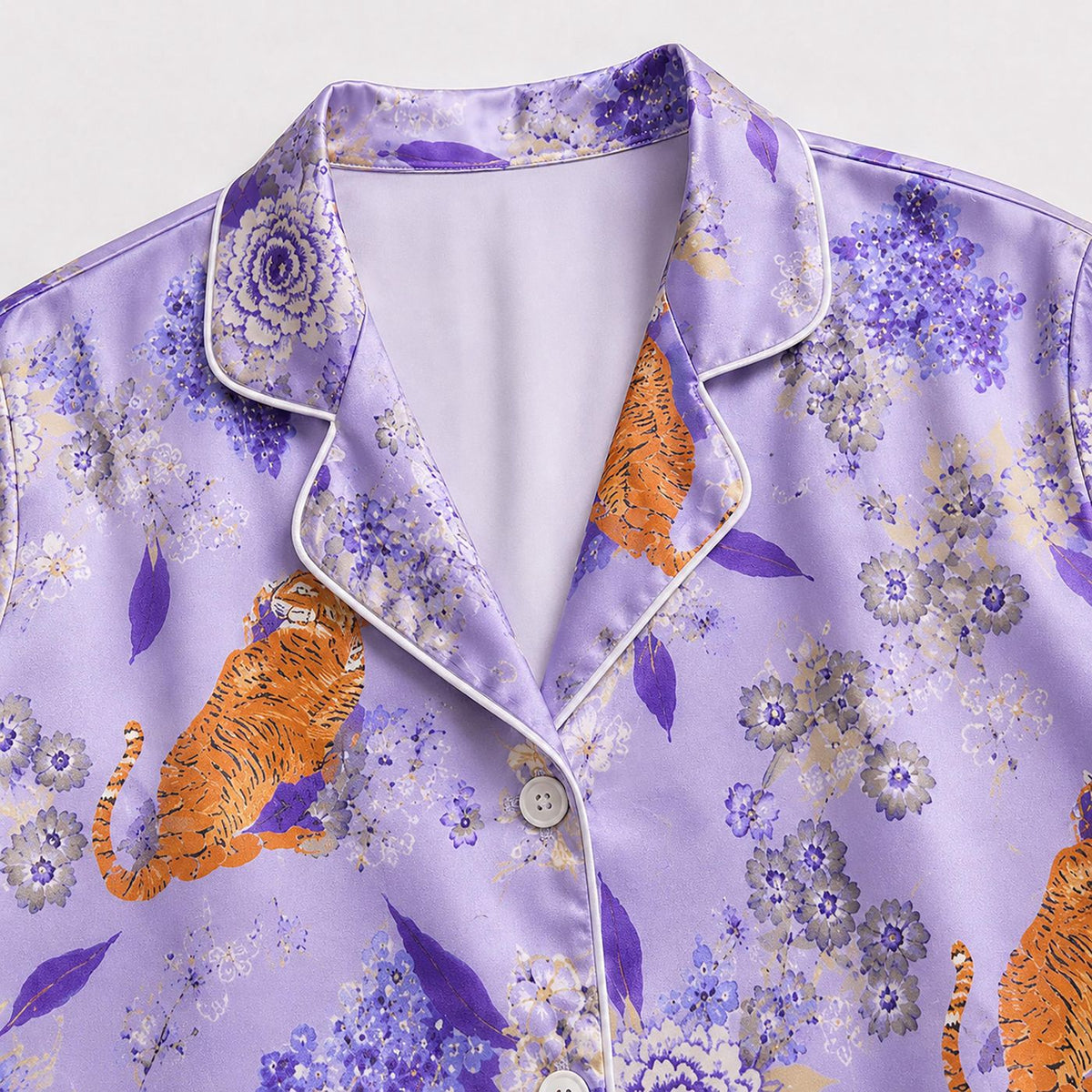 Stylish Purple Satin Tiger Pajama Set - Floral Botanical Loungewear Collection