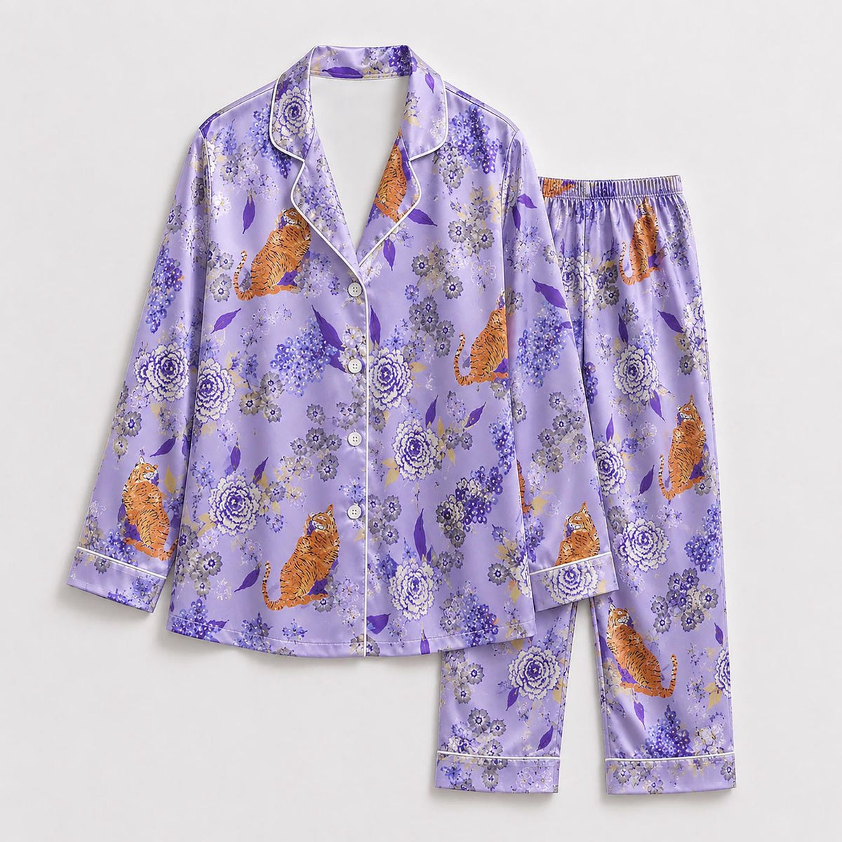 Stylish Purple Satin Tiger Pajama Set - Floral Botanical Loungewear Collection