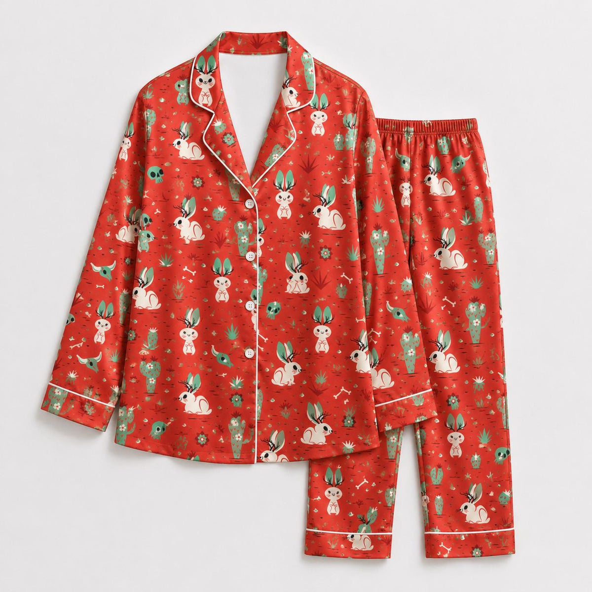 Cute Bunny Print Rabbit Satin Pajama Set for Cozy Sleepwear and Loungewear