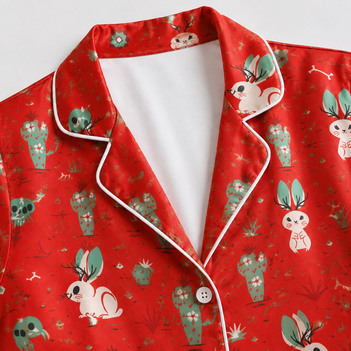Cute Bunny Print Rabbit Satin Pajama Set for Cozy Sleepwear and Loungewear