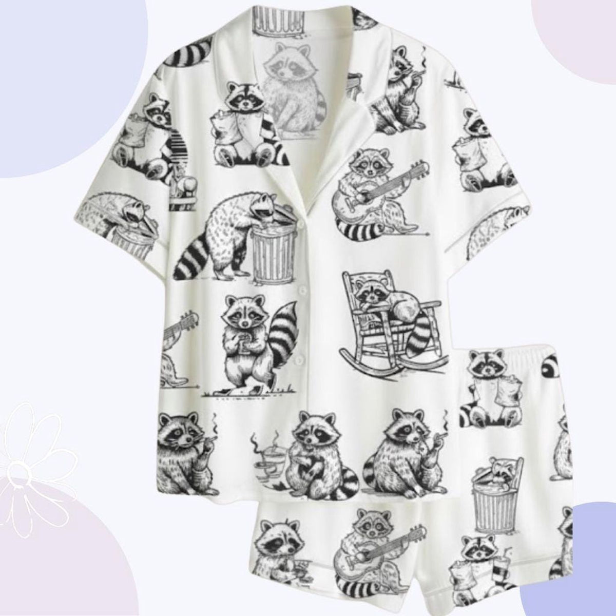 Vintage Sketch Raccoon Print Pajama Set - Animal Sleepwear