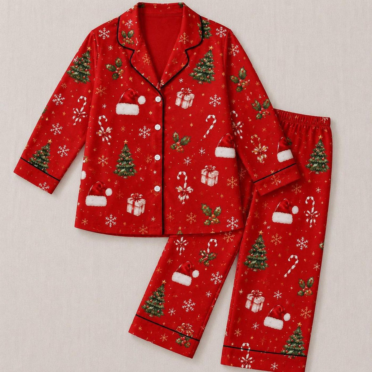 Red Christmas Pajama Set Santa Hat Candy Cane Holiday Sleepwear