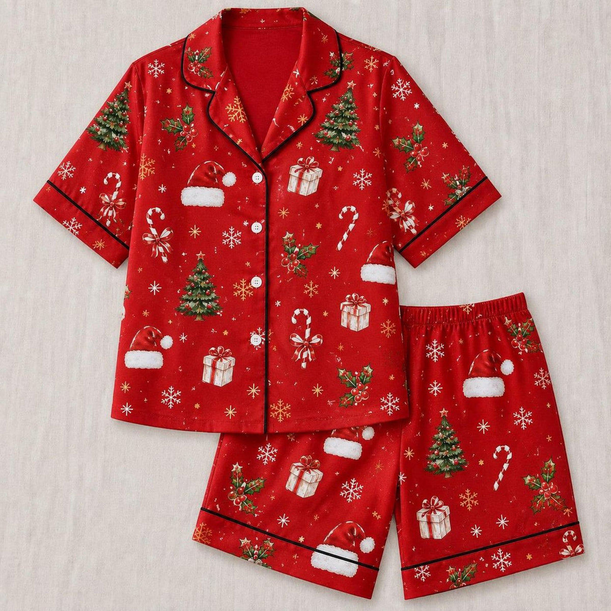 Red Christmas Pajama Set Santa Hat Candy Cane Holiday Sleepwear