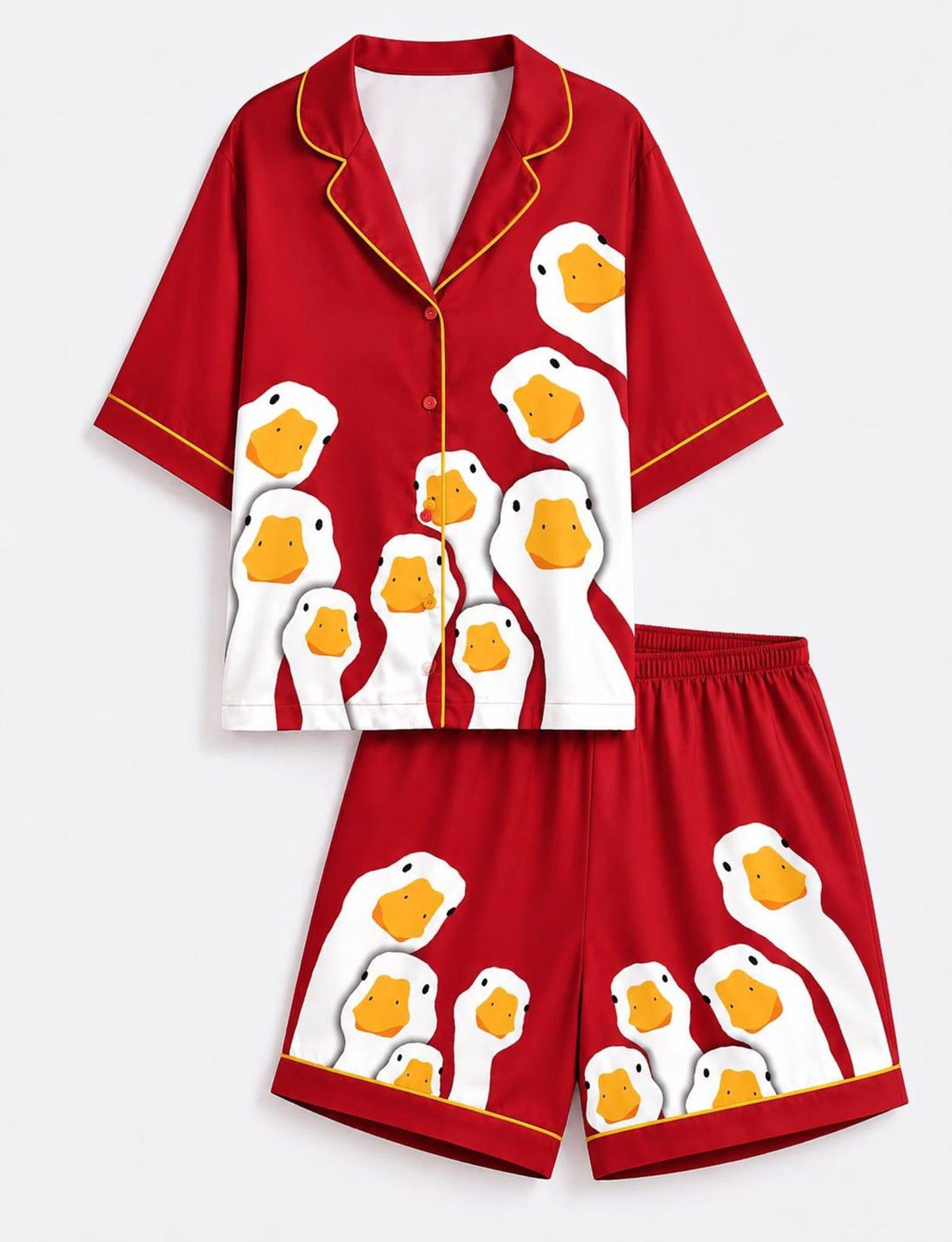 Red Goose Print Satin Pajama Set Women Loungewear Sleepwear