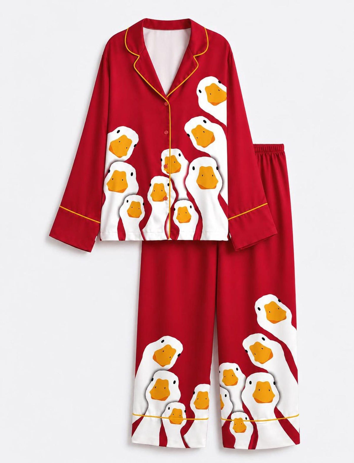Red Goose Print Satin Pajama Set Women Loungewear Sleepwear