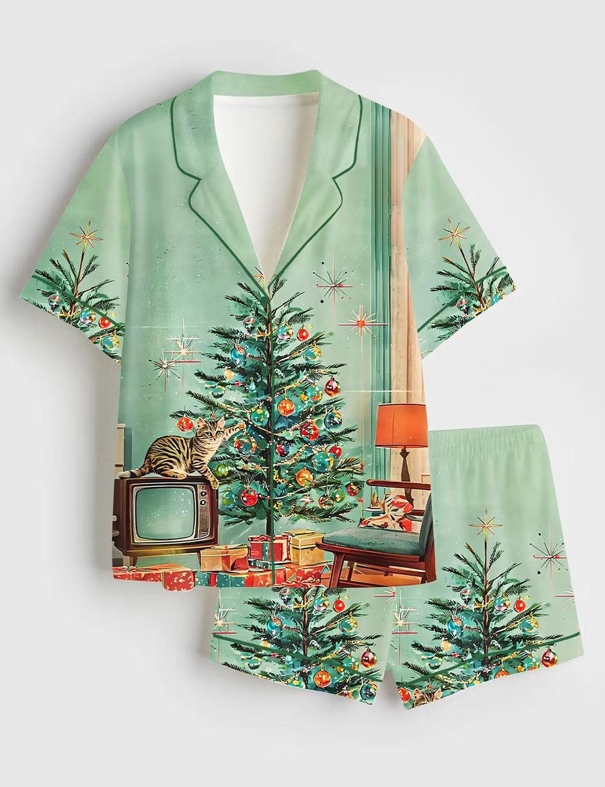 Retro Christmas Cat Satin Pajamas: Vintage Tree Scene Short Sleeve Pjs for Festive Holiday Sleepwear