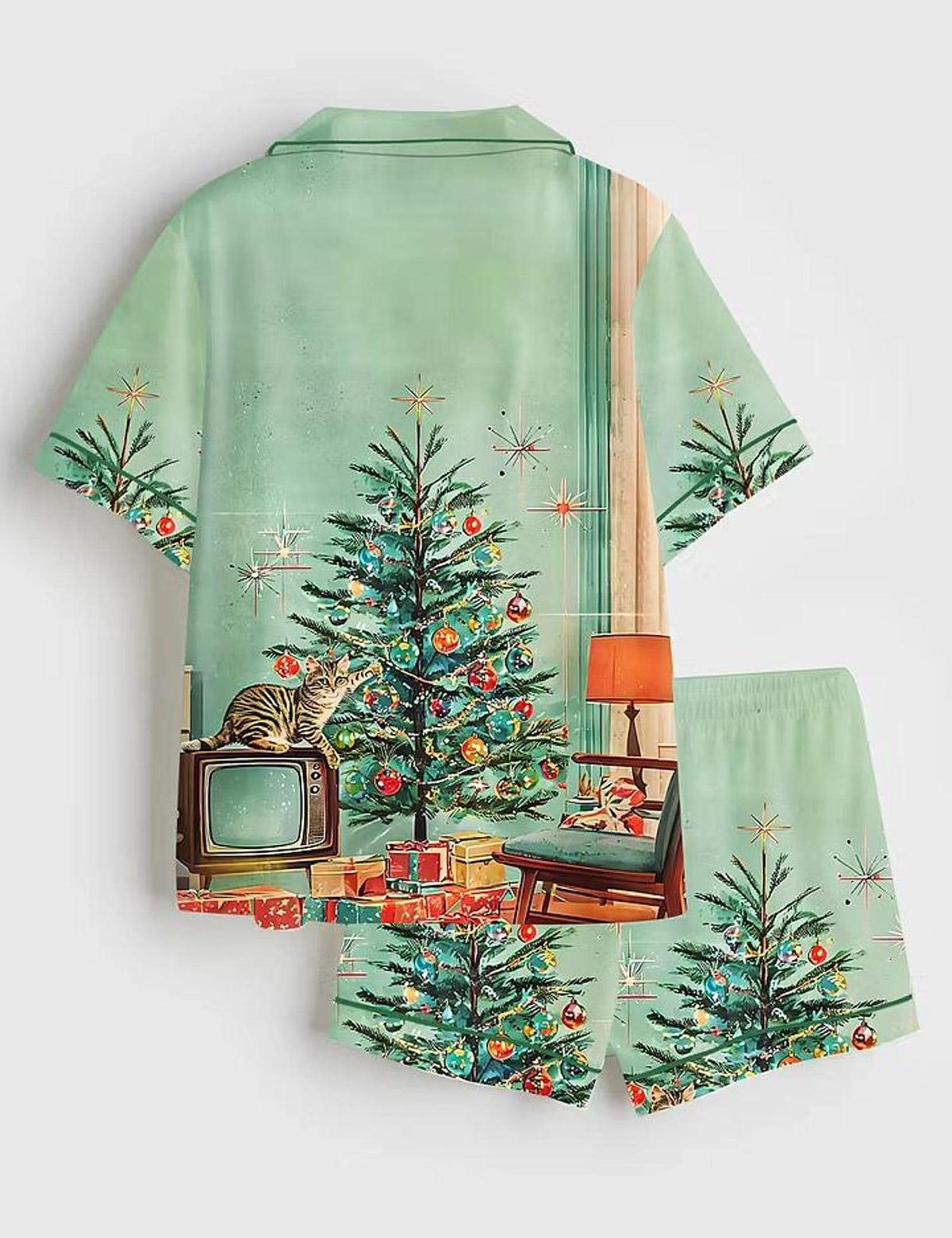 Retro Christmas Cat Tree Pajama Set Holiday Sleepwear