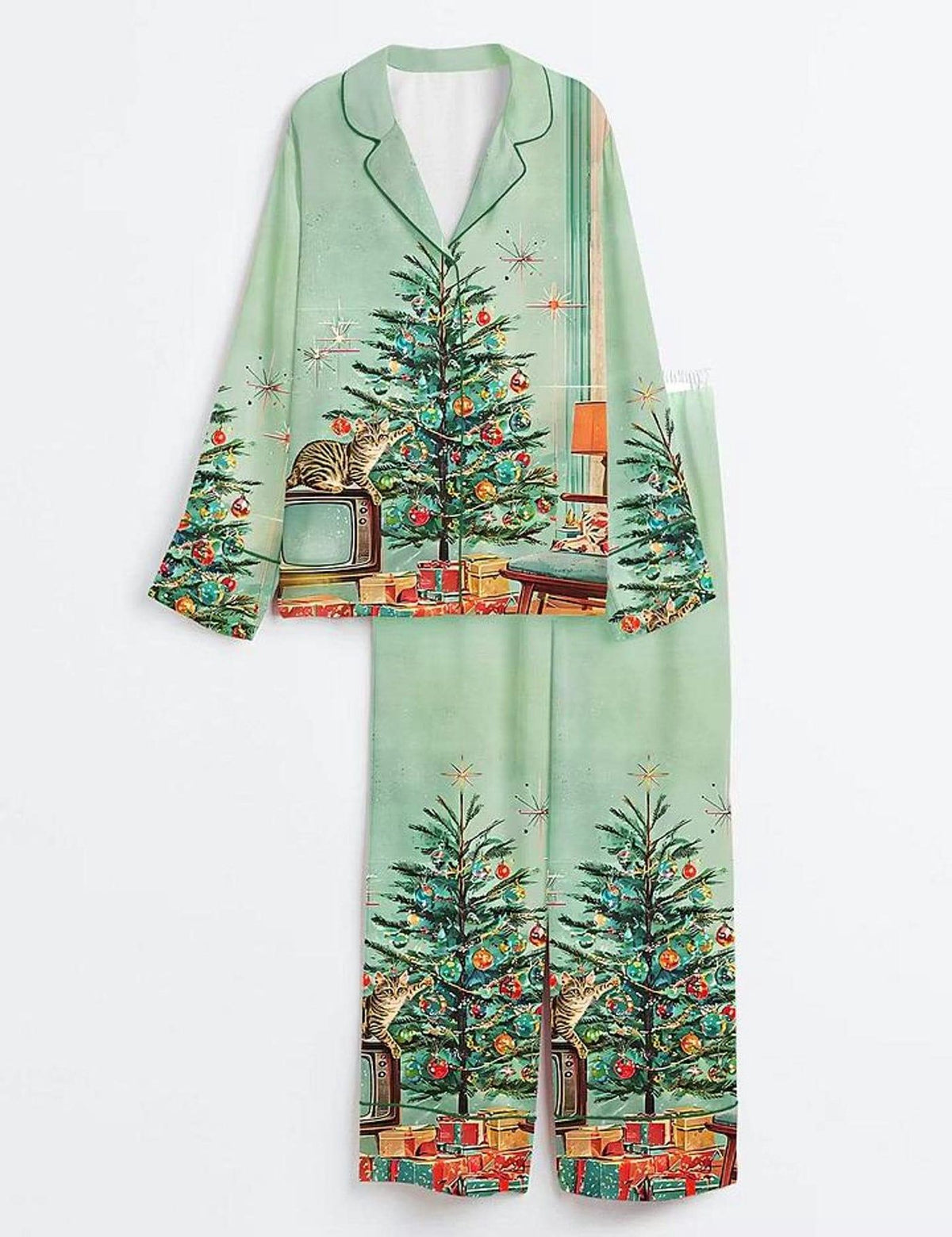 Retro Christmas Cat Tree Pajama Set Holiday Sleepwear