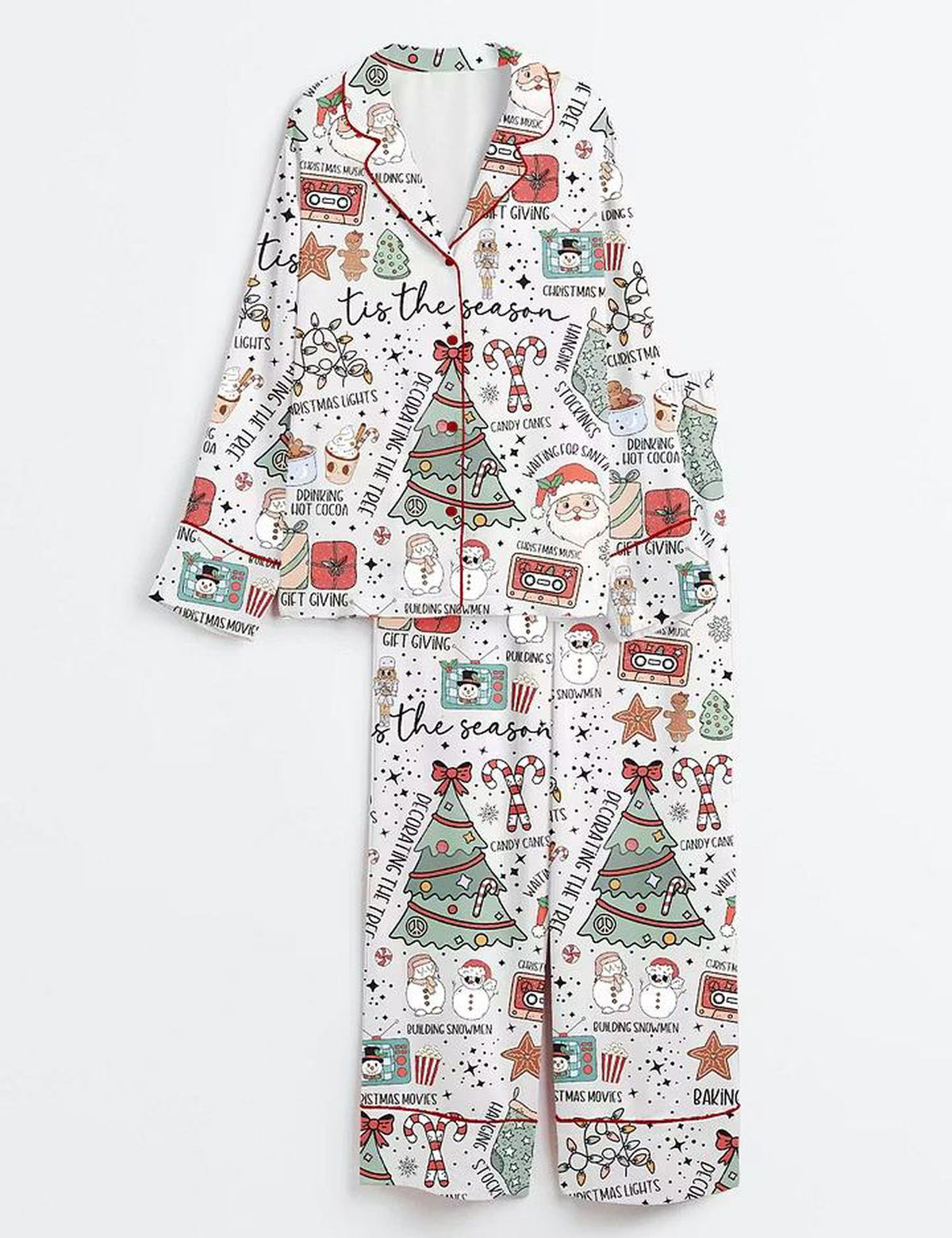 Cute Retro Christmas Satin Pajama Set with Santa and Hot Cocoa - Tis The Season!
