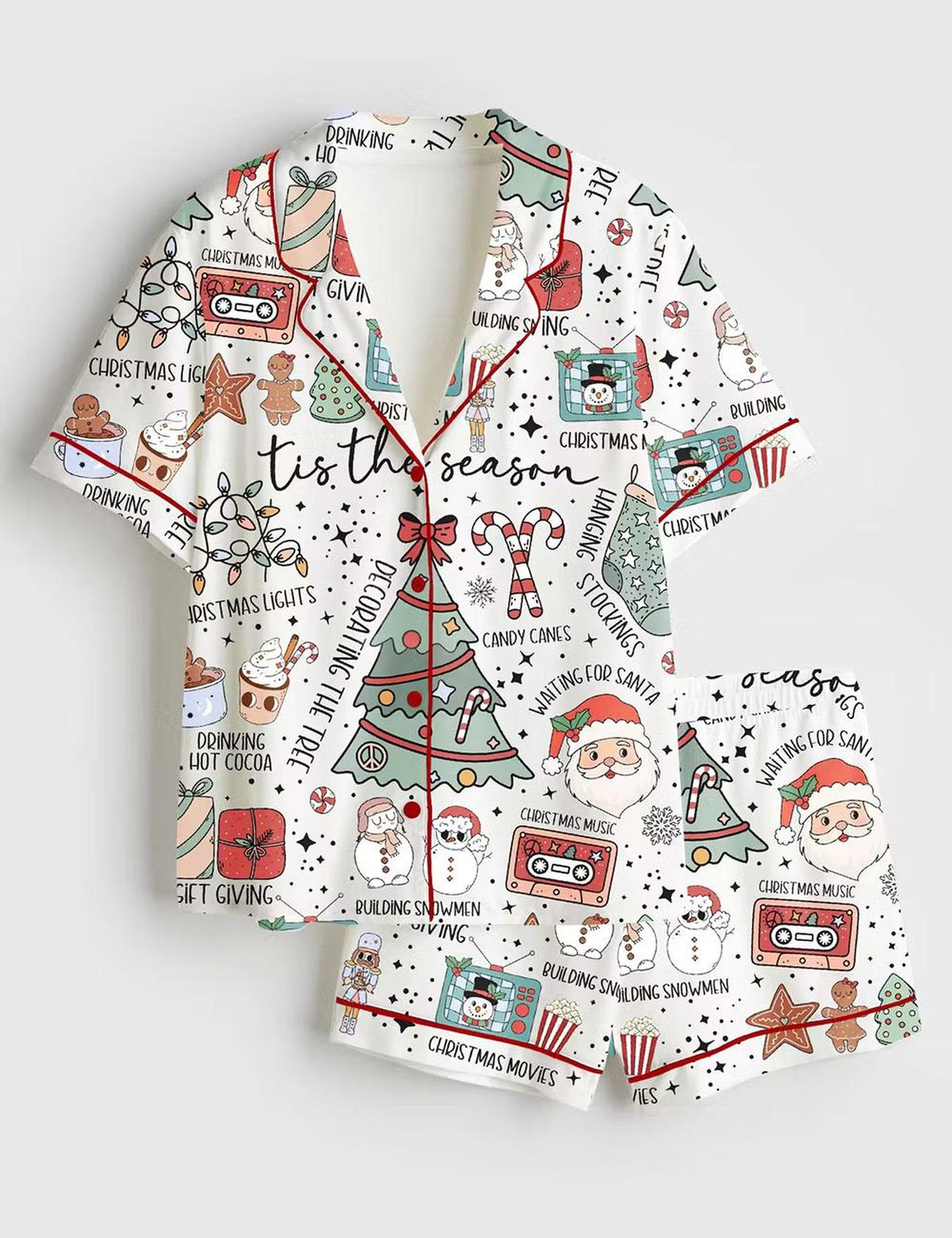 Cute Retro Christmas Satin Pajama Set with Santa and Hot Cocoa - Tis The Season!