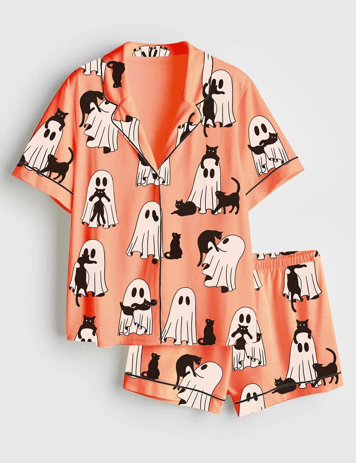 Vintage Ghost Cat Satin Pajama Set for Women Halloween Short Sleeve PJs