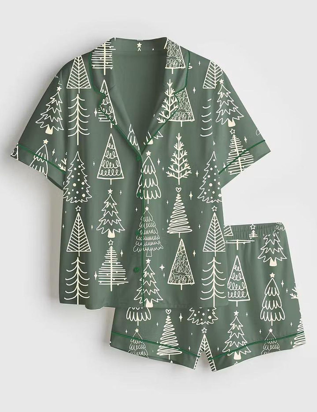 Retro Green Christmas Tree Satin Pajamas - Festive Holiday Sleepwear for Women