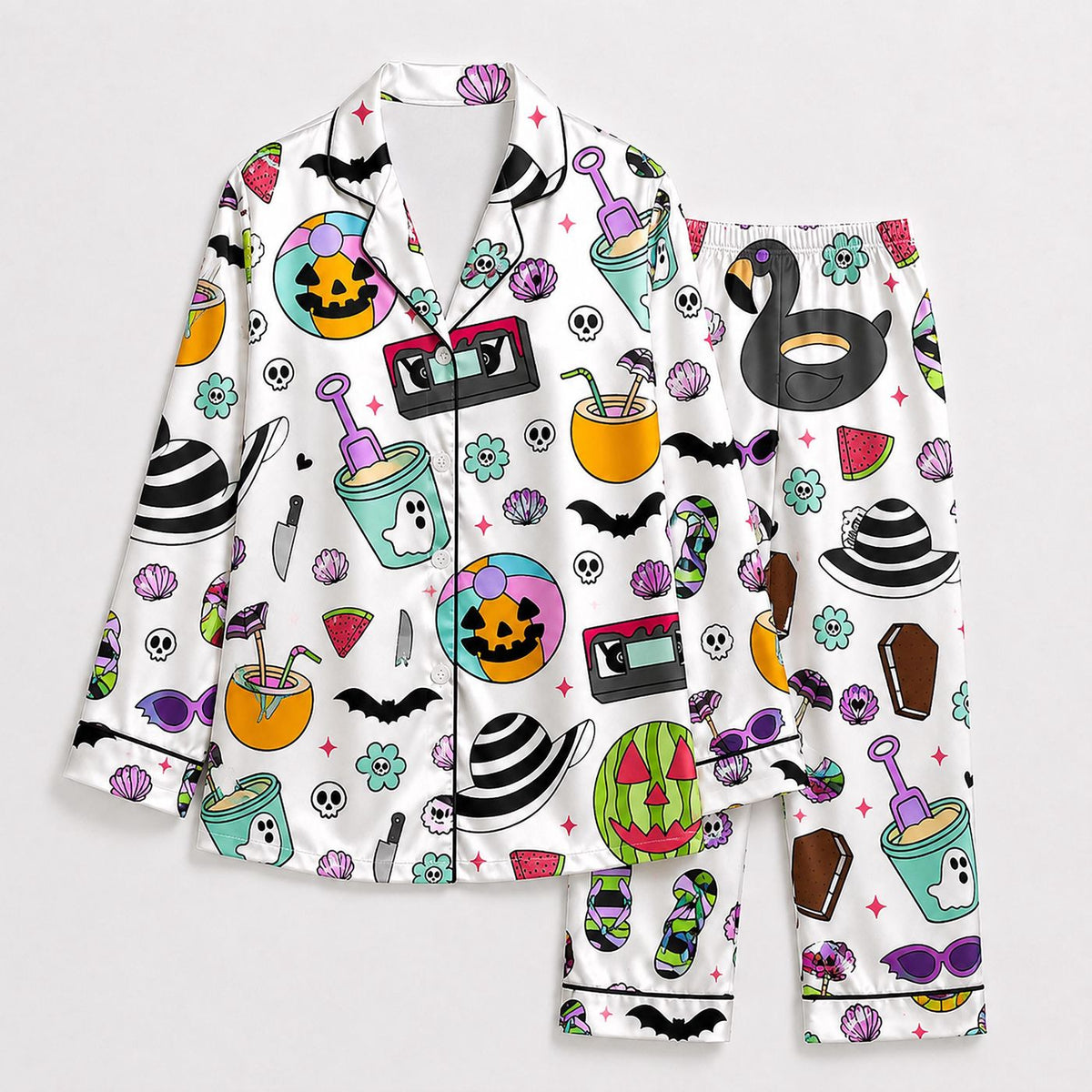 Retro Halloween Satin Pajama Set: Cozy Sleepwear with Pumpkin Bat and Witch Hat Patterns