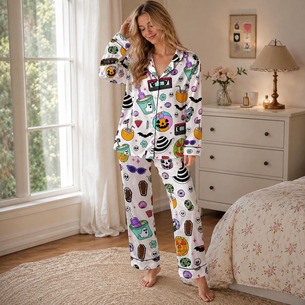 Retro Halloween Satin Pajama Set: Cozy Sleepwear with Pumpkin Bat and Witch Hat Patterns