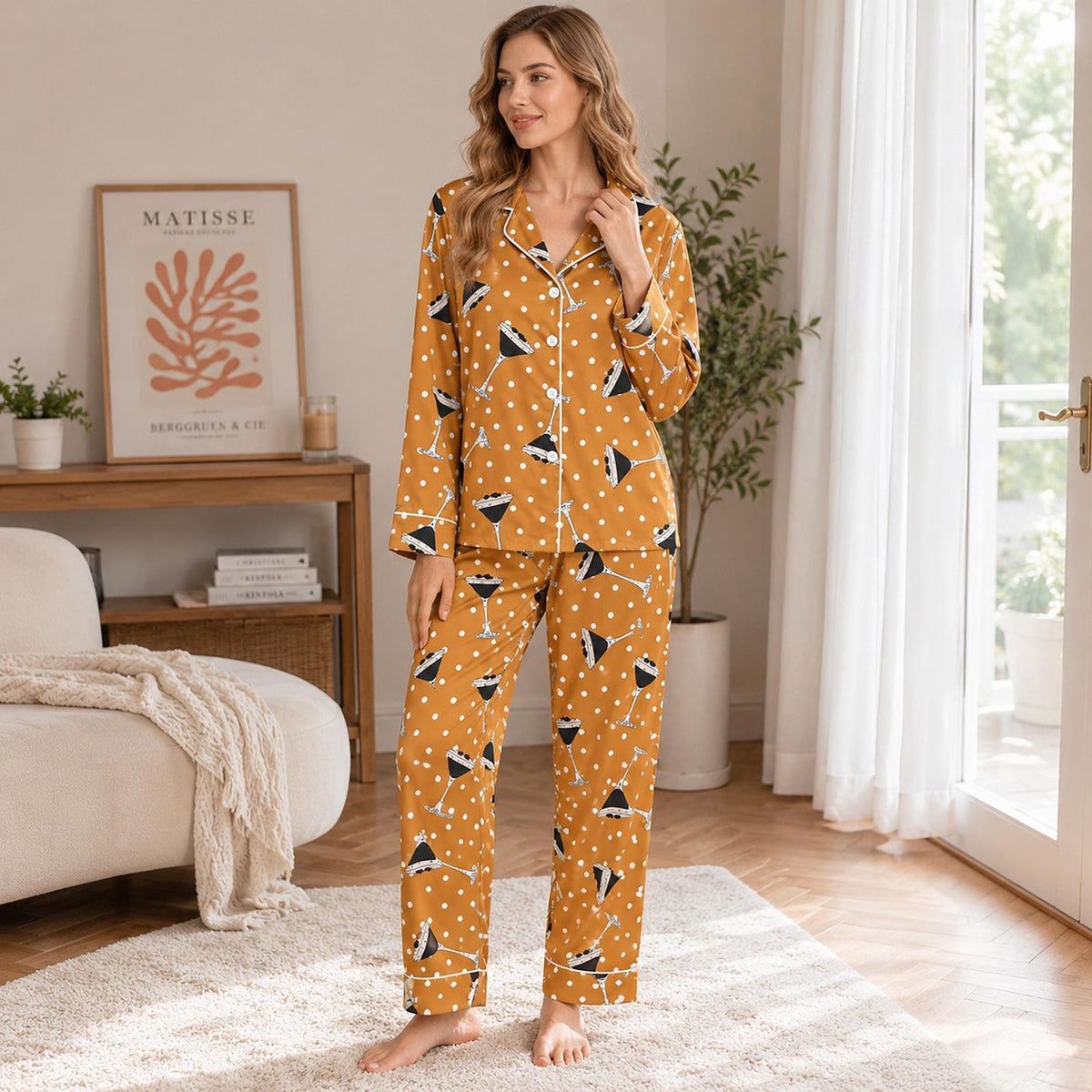 Vintage Martini Satin Pajama Set with Cocktail Glasses & Polka Dot Pattern
