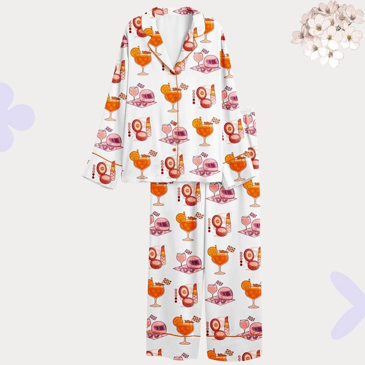 Vintage Orange Spritz Racing Helmet Print Women s Pajama Set - Stylish Loungewear