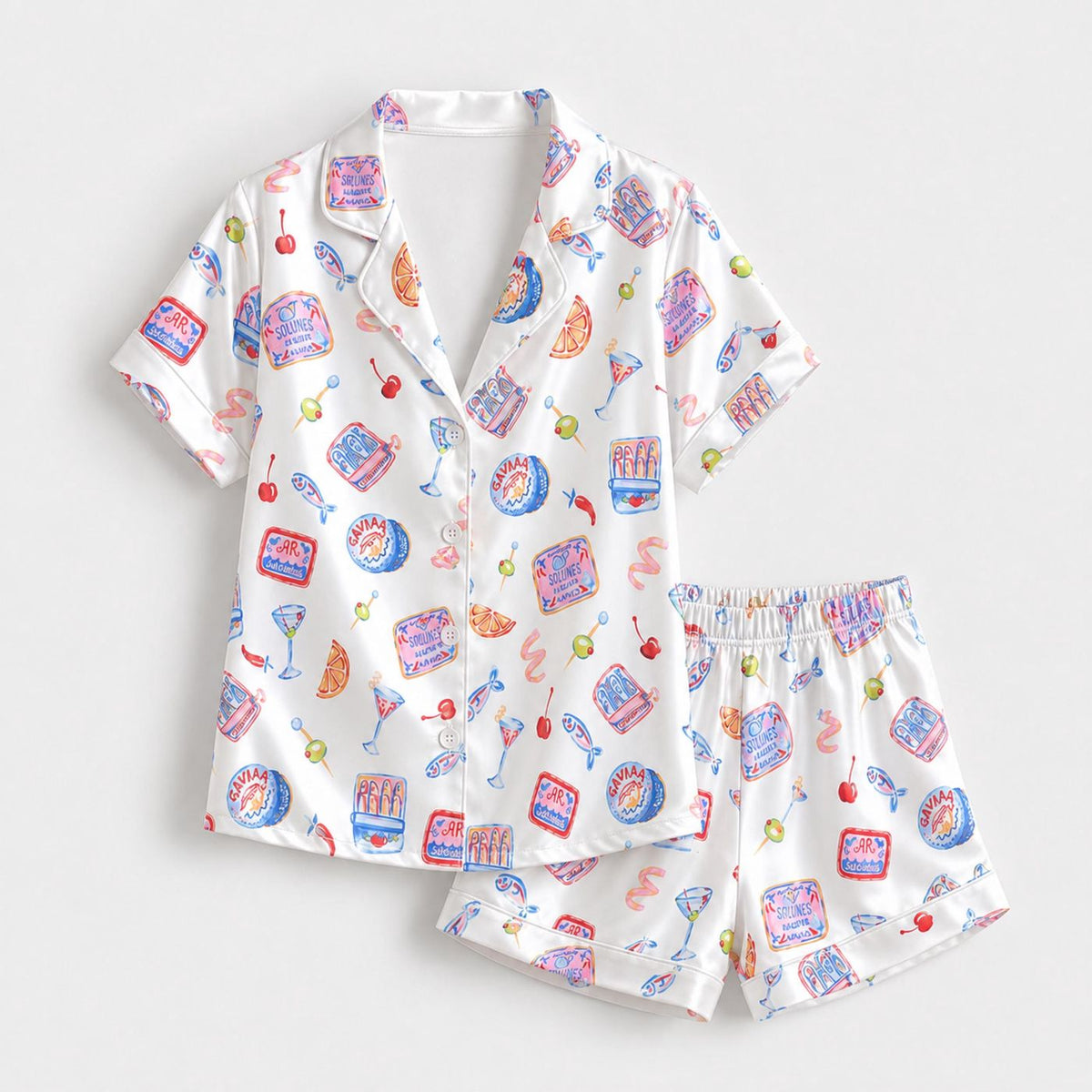 Retro Snack Satin Pajama Set: Soda Candy Chips Print Sleepwear for Women