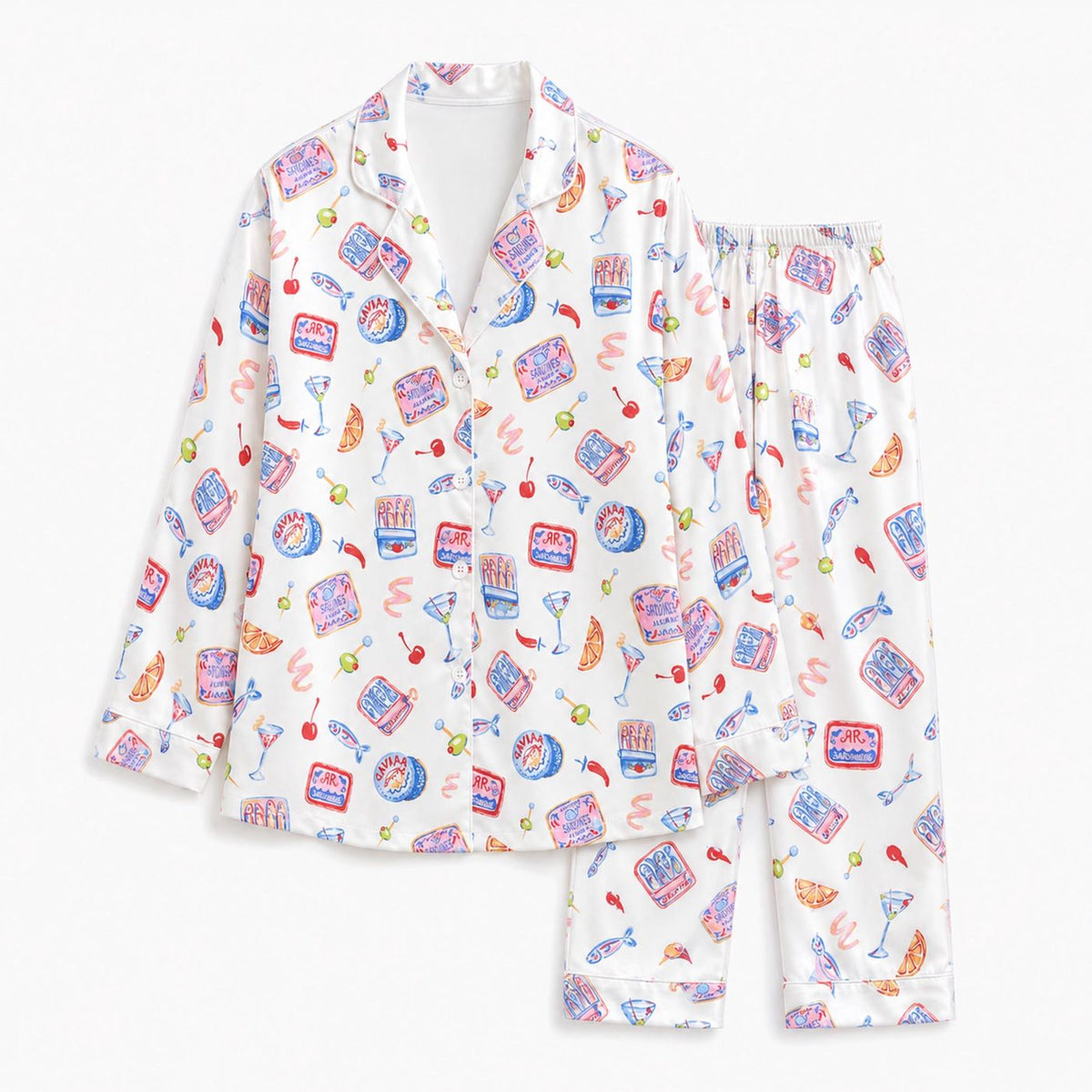 Retro Snack Satin Pajama Set: Soda Candy Chips Print Sleepwear for Women