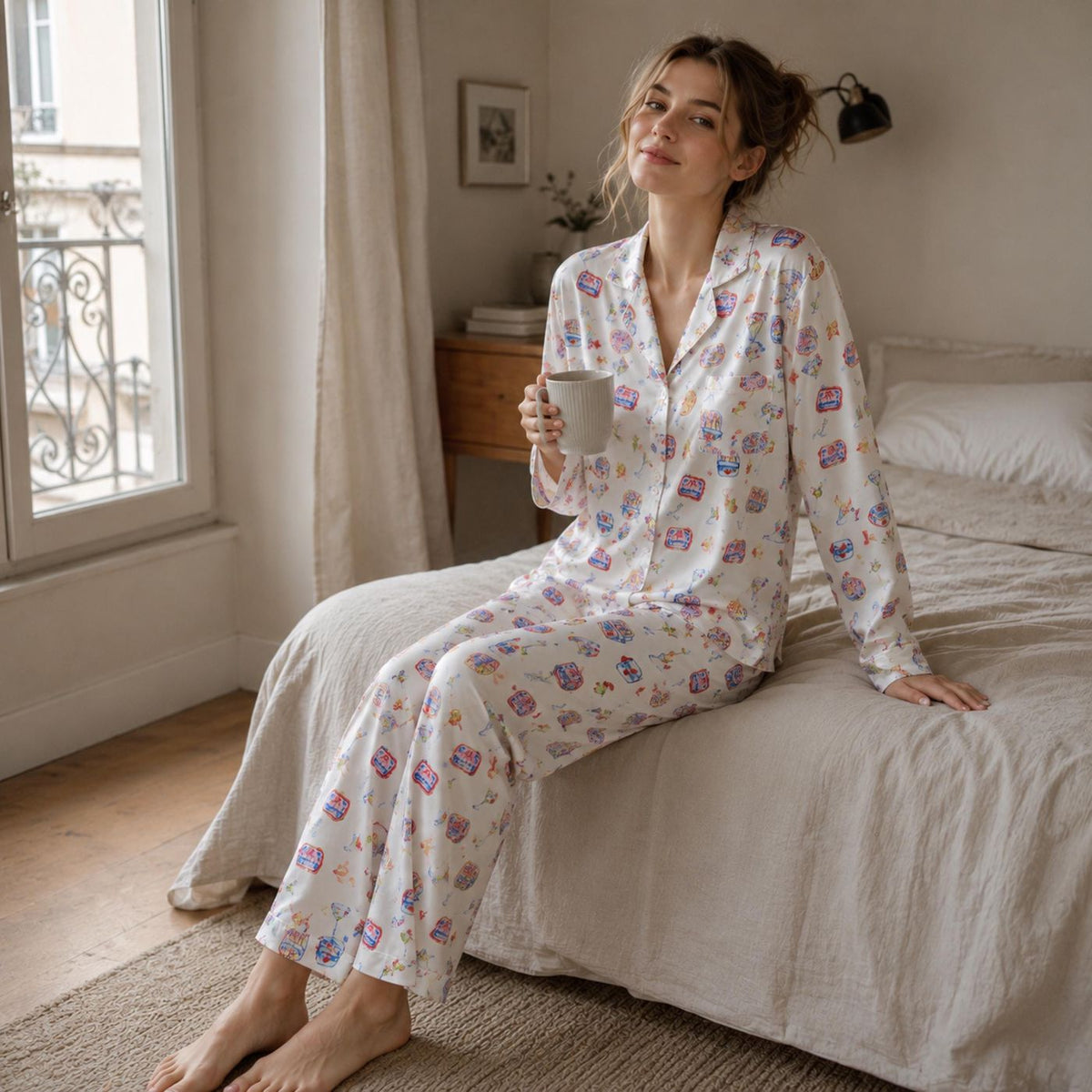 Retro Snack Satin Pajama Set with Soda Candy Chips Print Sleepwear for Women
