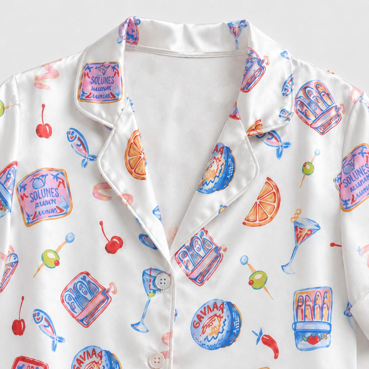 Retro Snack Satin Pajama Set: Soda Candy Chips Print Sleepwear for Women