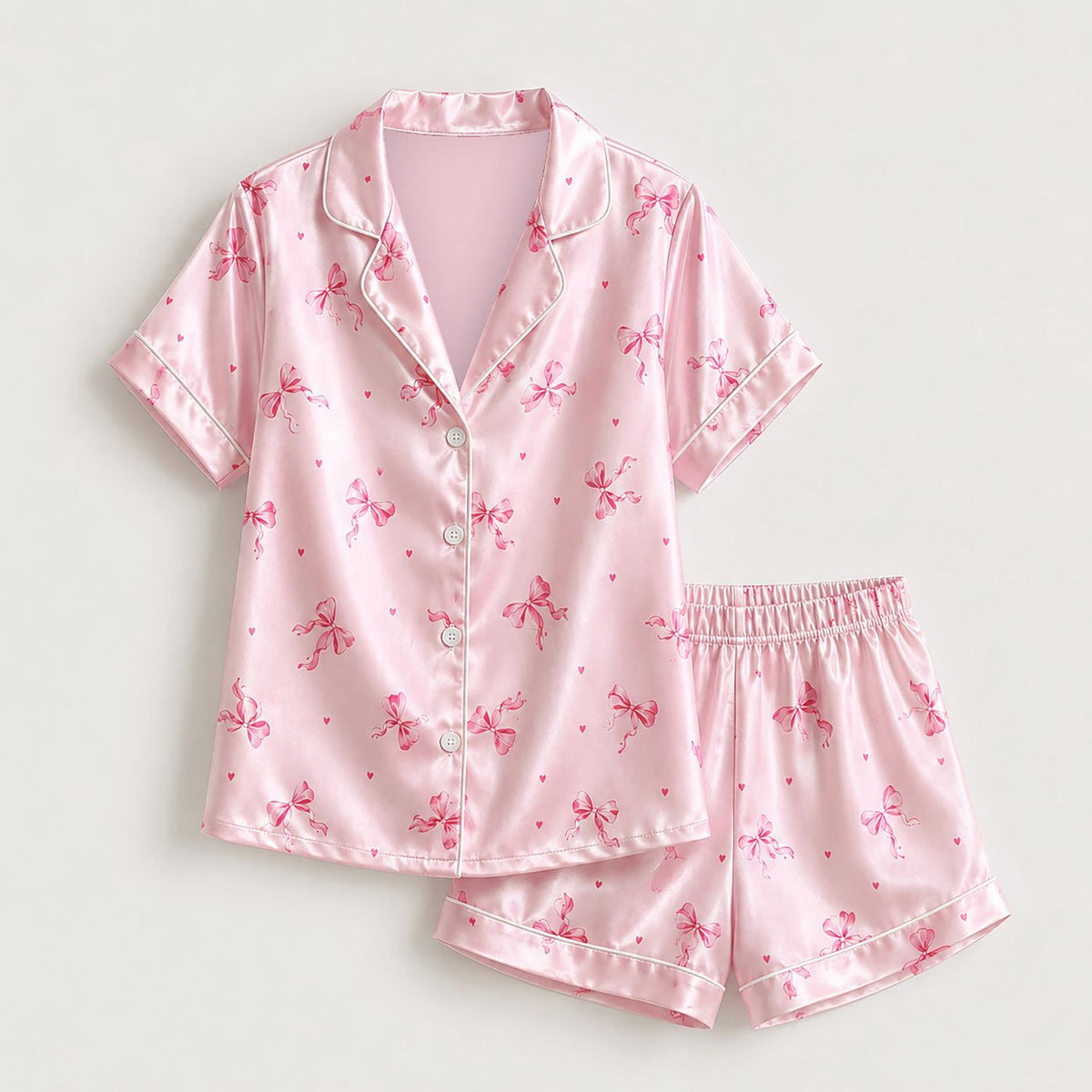 Satin Ribbon & Bow Pattern Pajama Set: Button-Up Lounge Outfit