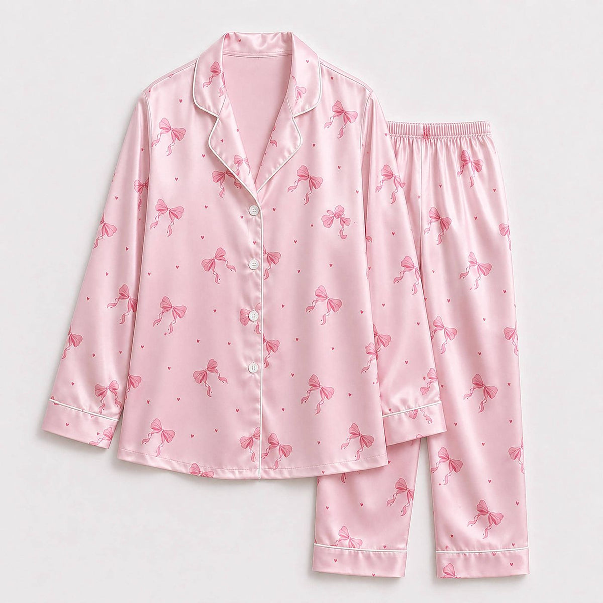 Satin Ribbon & Bow Pattern Pajama Set: Button-Up Lounge Outfit
