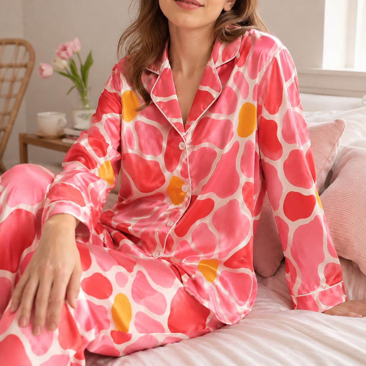 Romantic Watercolor Botanical Floral Heart Ivory Satin Pajama Set