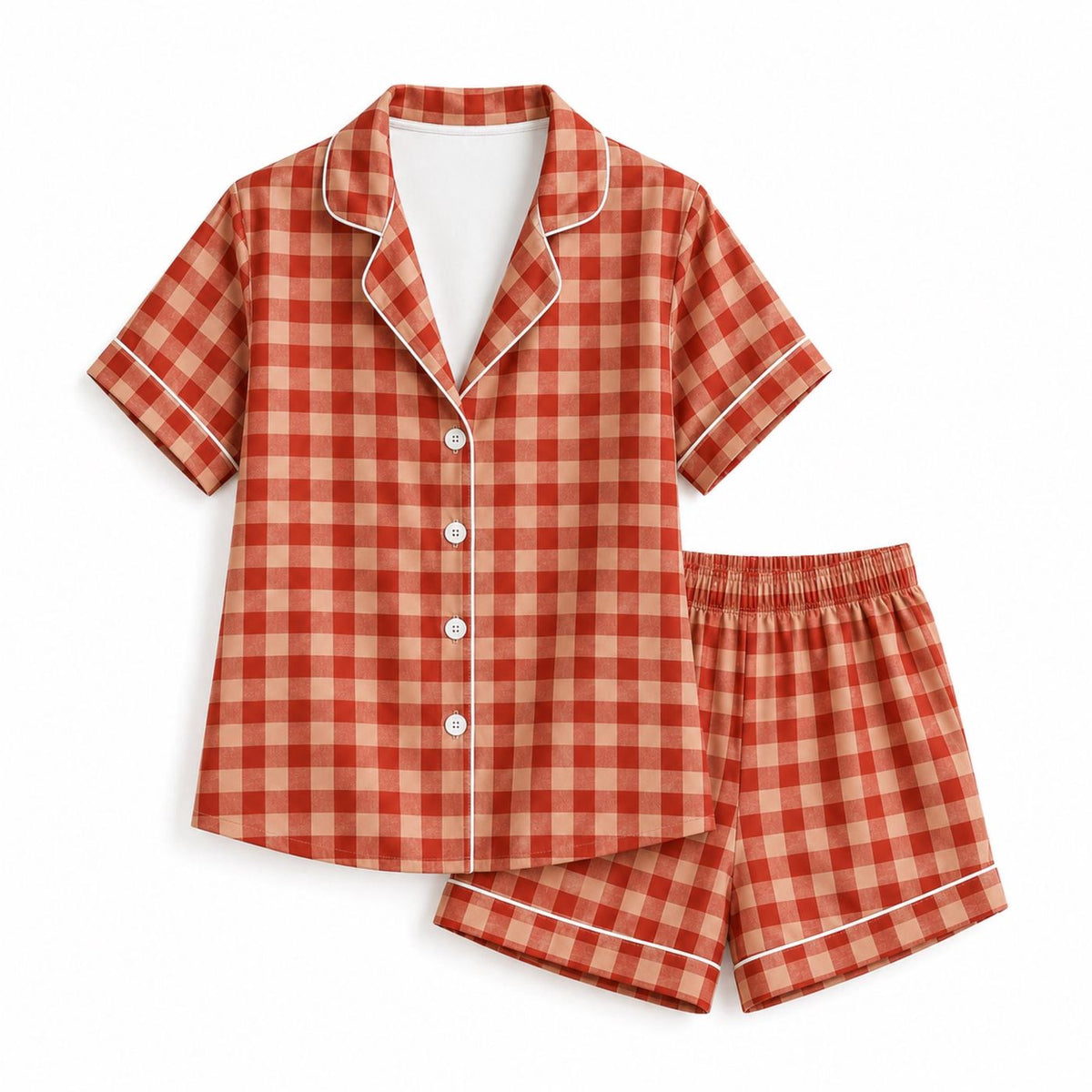 Cozy Rust Gingham Satin Pajama Set: Classic Buffalo Check Sleepwear