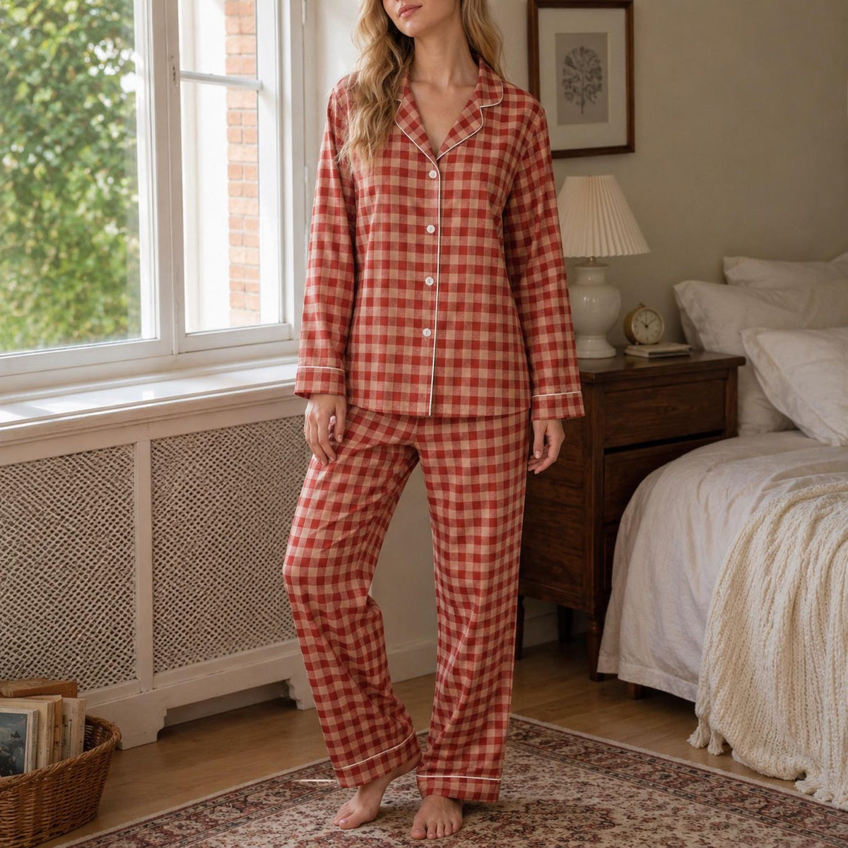 Cozy Rust Gingham Satin Pajama Set: Classic Buffalo Check Sleepwear
