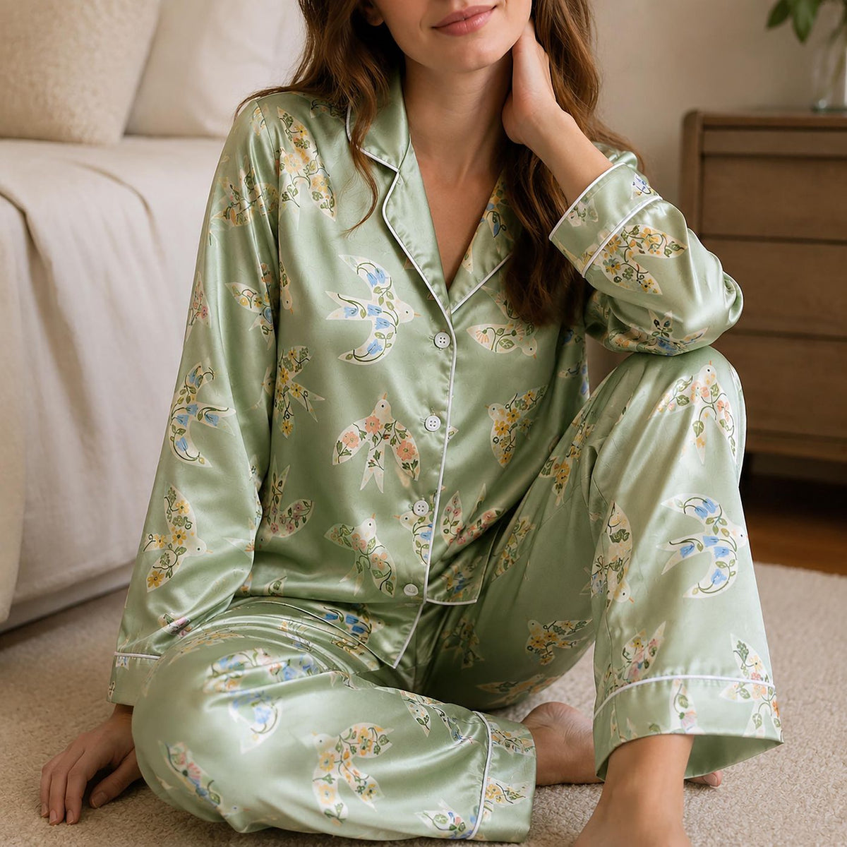 Sage Green Satin Bird Pajama Set: Ditsy Floral Loungewear for Women