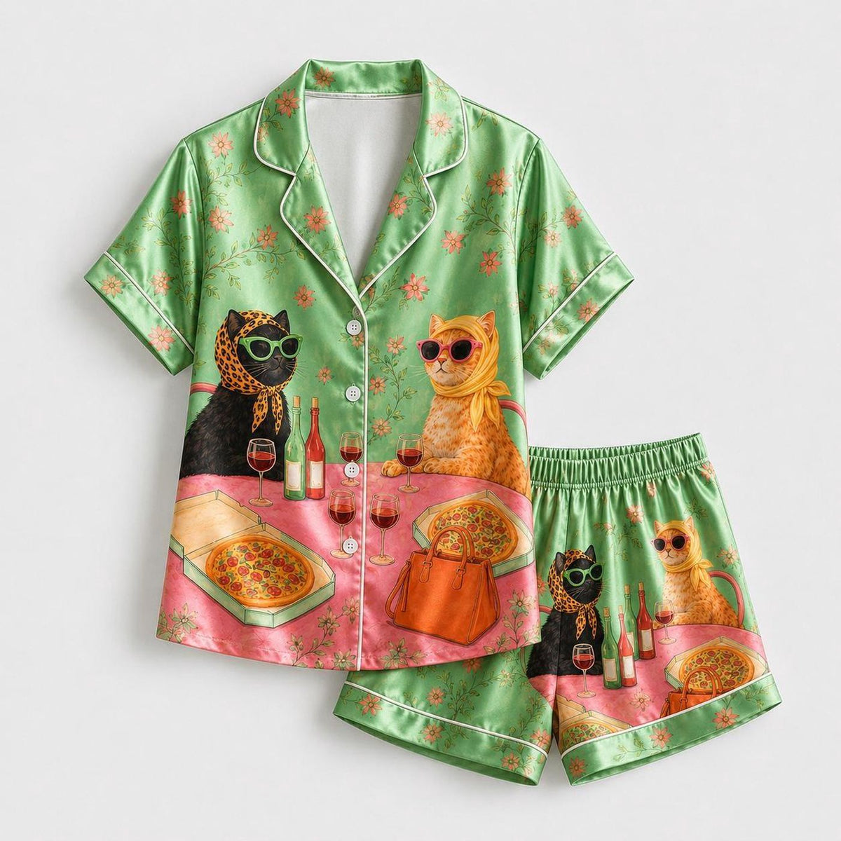 Colorful Wine Graphic Feline Pajama Apparel: Sage Silk Short Sleeve Loungewear Collection