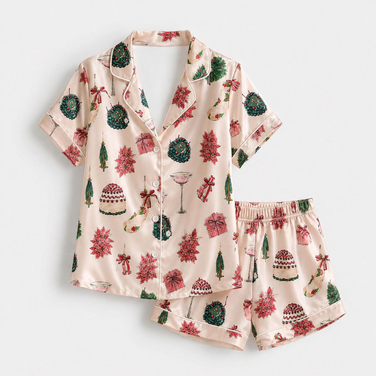 Festive Satin Christmas Pajama Set with Wreaths Poinsettias Ornaments Print