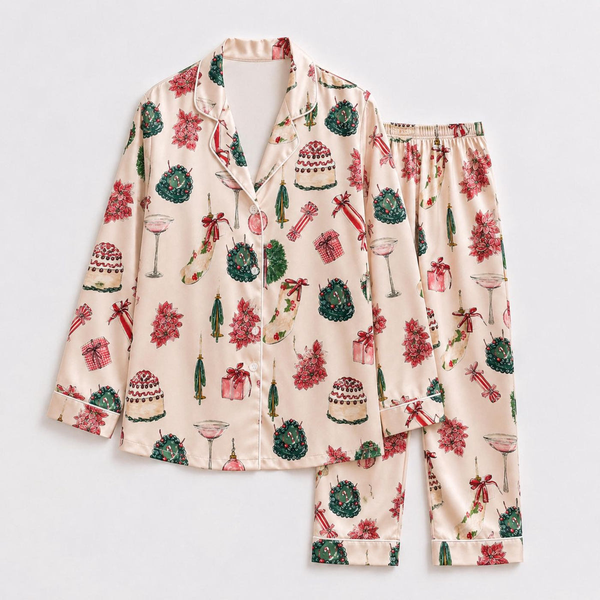Festive Satin Christmas Pajama Set with Wreaths Poinsettias Ornaments Print